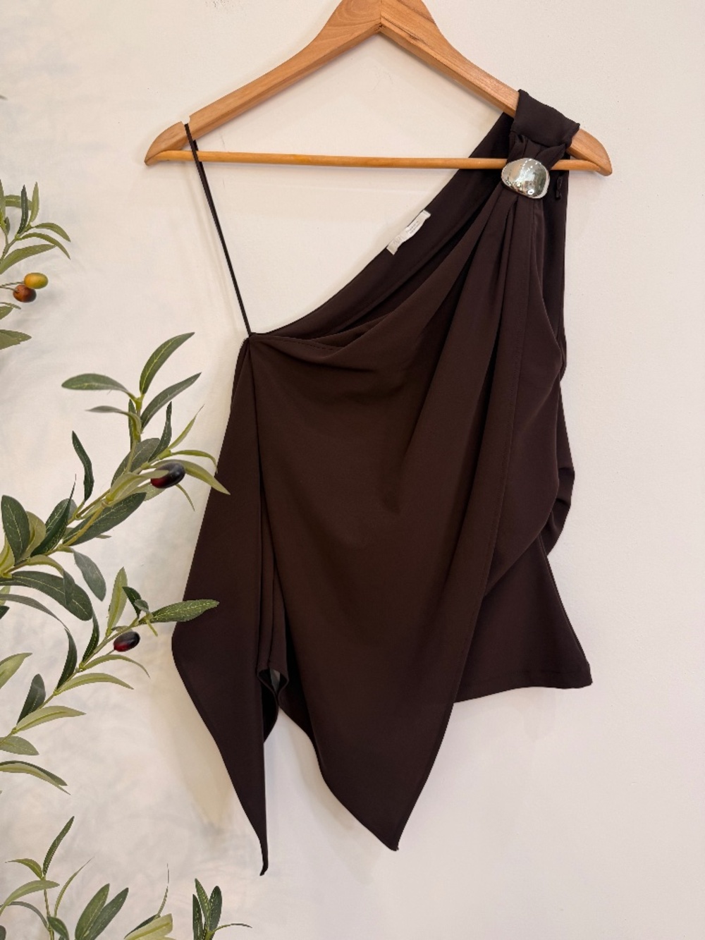 Zara Brown One Shoulder Draped Top Silver Buckle Size Medium